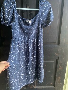 Roxy Navy Blue Polka Dot Puff Sleeve Dress made in India